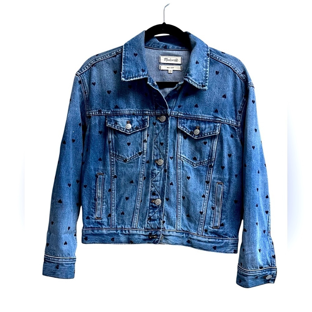 MADEWELL Women’s Rare Heart Print Boxy Cut Medium Wash Jean Jacket - Size XS